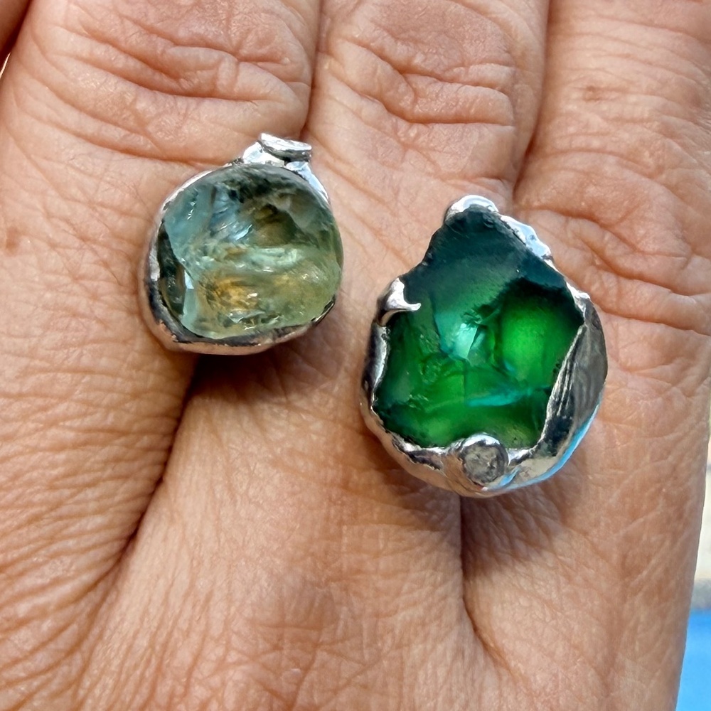 Sea Glass Balance Ring With Upcycled Silver Spoon Band Artisan Crafted Adjust. - Picture 5 of 15